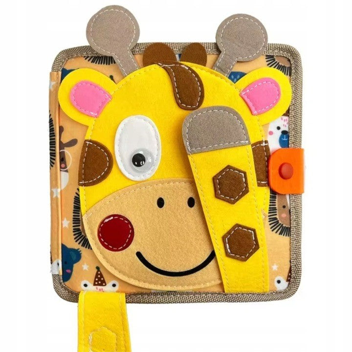 Carte Senzoriala Educativa Montessori 7in1, Vivimall, Dezvoltare Abilitati Motorii, 8 Pagini, 3D, cu Elemente Detasabile, Model Girafa, 21x21x8 cm, Maro - vivimall.ro