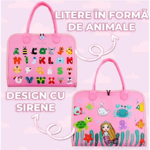 Carte Senzoriala Educativa Montessori, Vivimall, Dezvoltare Abilitati Motorii, 3 Pagini, Model Sirena si Alfabet, 28x25x4 cm, Roz - vivimall.ro