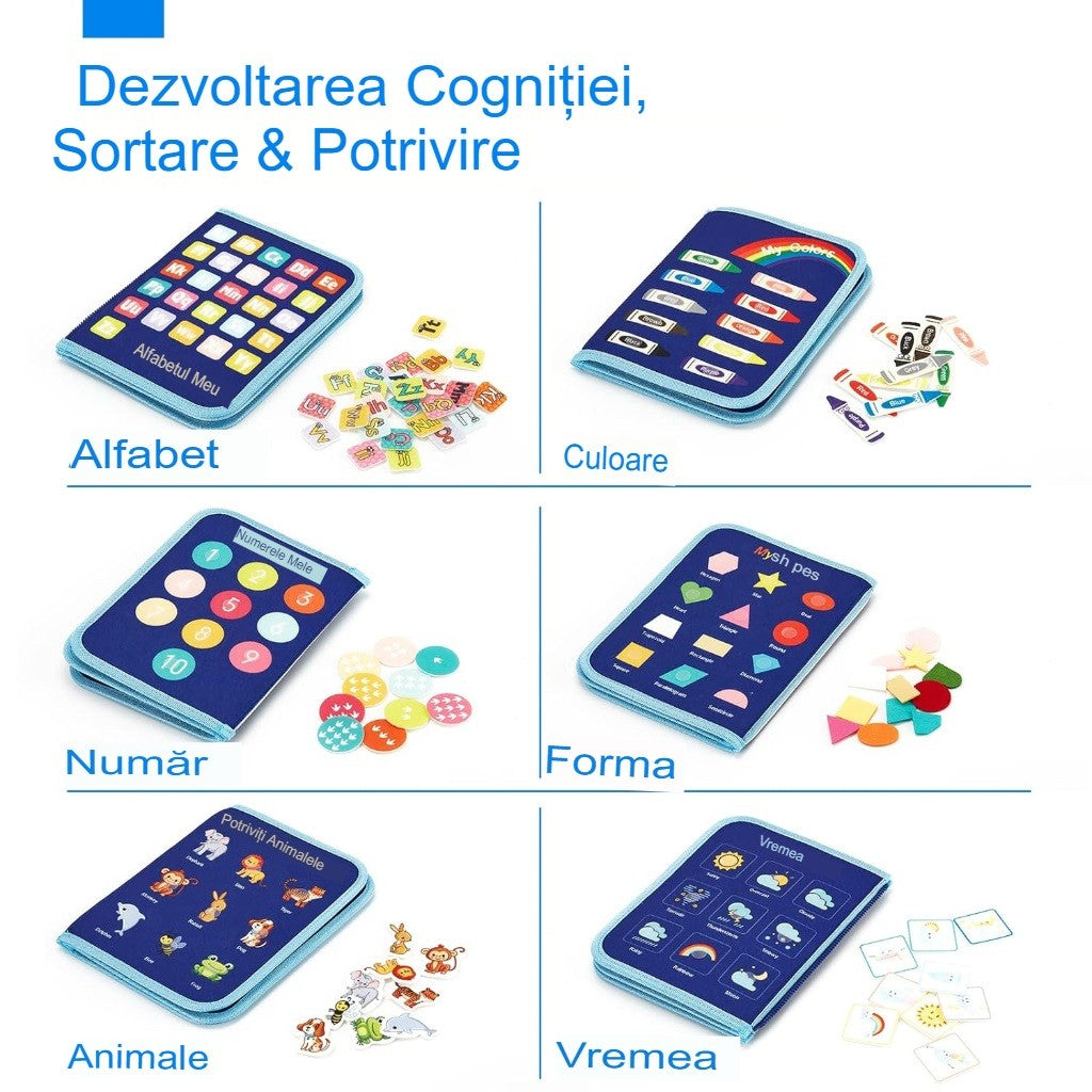 Carte Senzoriala Educativa Montessori, Vivimall, Dezvoltare Abilitati Motorii, 5 Pagini, Model Dinozauri, 28x22x7 cm, Albastru - vivimall.ro