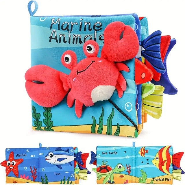 Carte Senzoriala, Vivimall, pentru Bebelusi, 15x16x4 cm, cu Animalute, 3D, Cu Sunete si Fosnete, 0-3 Ani, Model Crab, Multicolor - vivimall.ro