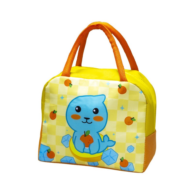 Geanta Termoizolanta pentru Copii, Vivimall, 23x13x19 cm, Model Imprimeu Foca, din Folie de Aluminiu si Panza Oxford, Galben/Portocaliu - vivimall.ro