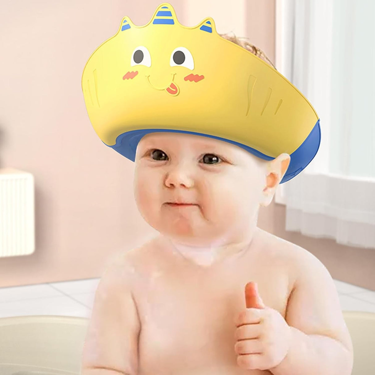 Casca de Dus, Vivimall, Previne Scurgerea Apei si Samponului pe Fata, 0-12 Ani, Ajustabila, din TPE+PP, 20 x 23 cm, Model Unicorn, Galben/Albastru - vivimall.ro