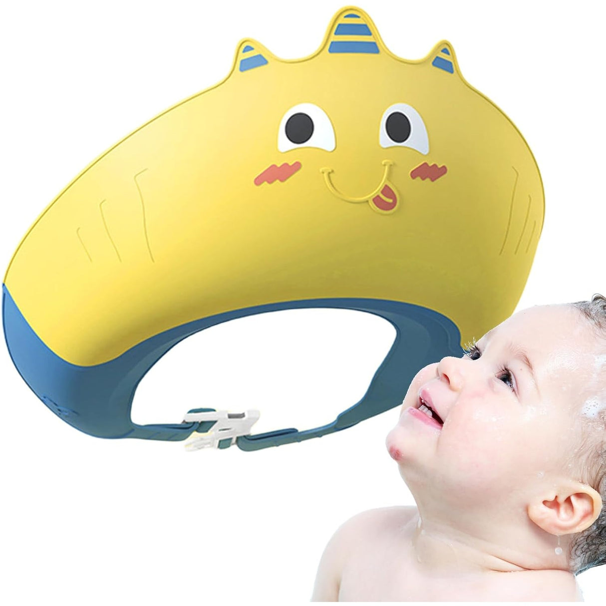 Casca de Dus, Vivimall, Previne Scurgerea Apei si Samponului pe Fata, 0-12 Ani, Ajustabila, din TPE+PP, 20 x 23 cm, Model Unicorn, Galben/Albastru - vivimall.ro