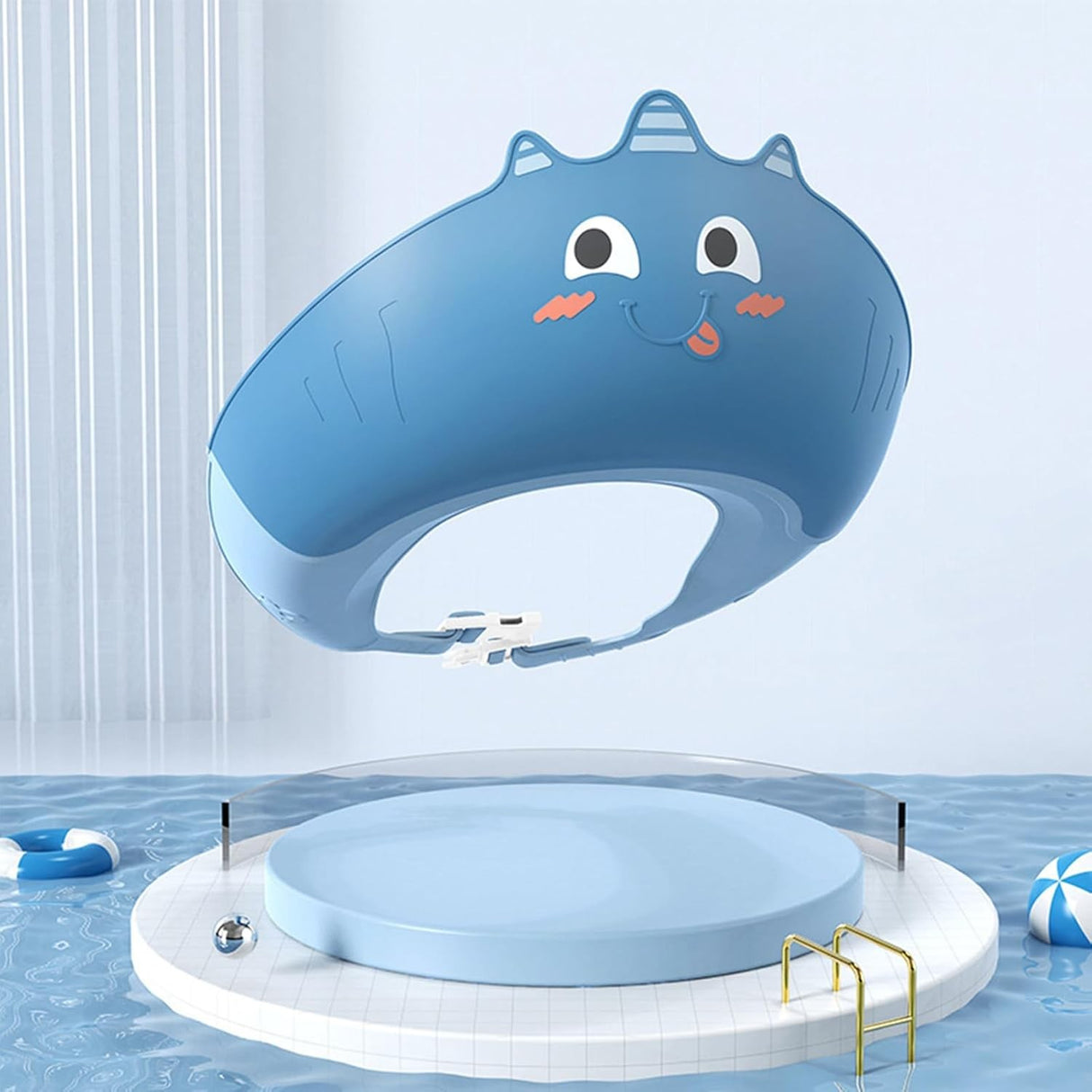 Casca de Dus, Vivimall, Previne Scurgerea Apei si Samponului pe Fata, 0-12 Ani, Ajustabila, din TPE+PP, 20 x 23 cm, Model Unicorn, Albastru - vivimall.ro