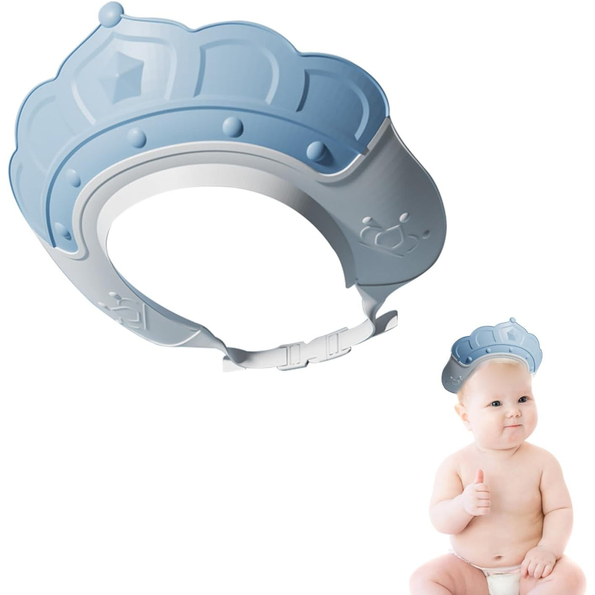 Casca de Dus, Vivimall, Previne Scurgerea Apei si Samponului pe Fata, 0-12 Ani, Ajustabila, din TPE+PP, 20 x 23 cm, Model Coroana, Albastru - vivimall.ro