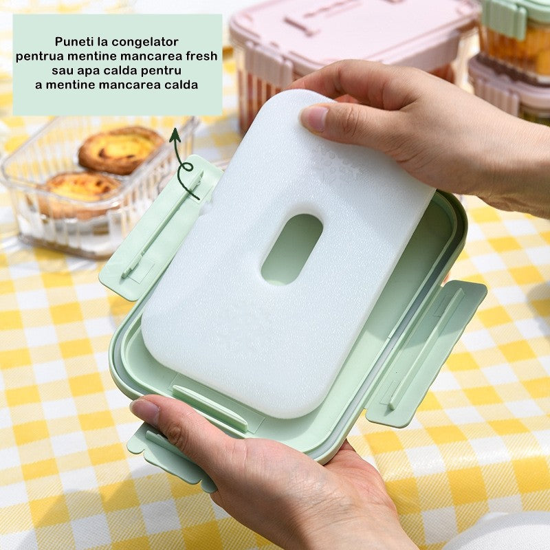 Caserola portabila pentru mancare fresh Vivimall, 550 ml, furculita pentru fructe, 7 x 11.5 x 16 cm, capac detasabil pentru congelator, etans, spatiu pentru tacamuri, maner, material plastic, rezistent la temperaturi ridicate, transparent - vivimall.ro