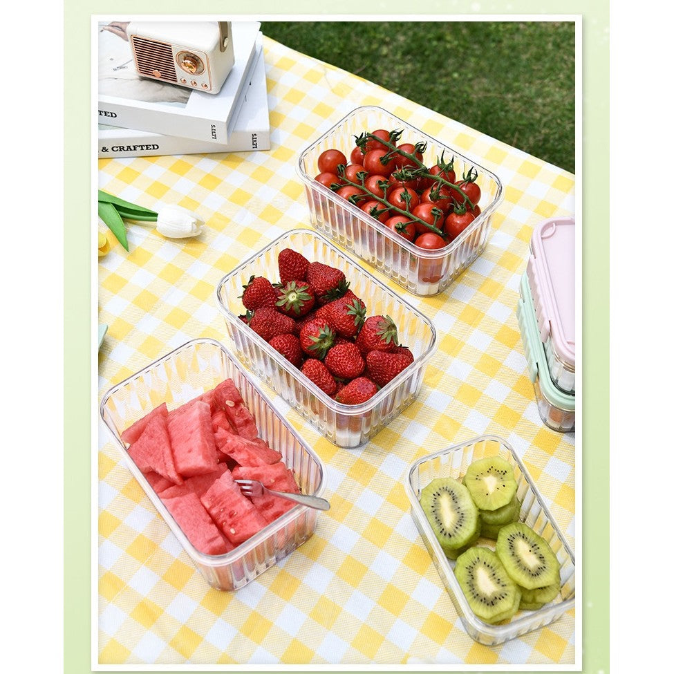 Caserola portabila pentru mancare fresh Vivimall, 550 ml, furculita pentru fructe, 7 x 11.5 x 16 cm, capac detasabil pentru congelator, etans, spatiu pentru tacamuri, maner, material plastic, rezistent la temperaturi ridicate, transparent - vivimall.ro