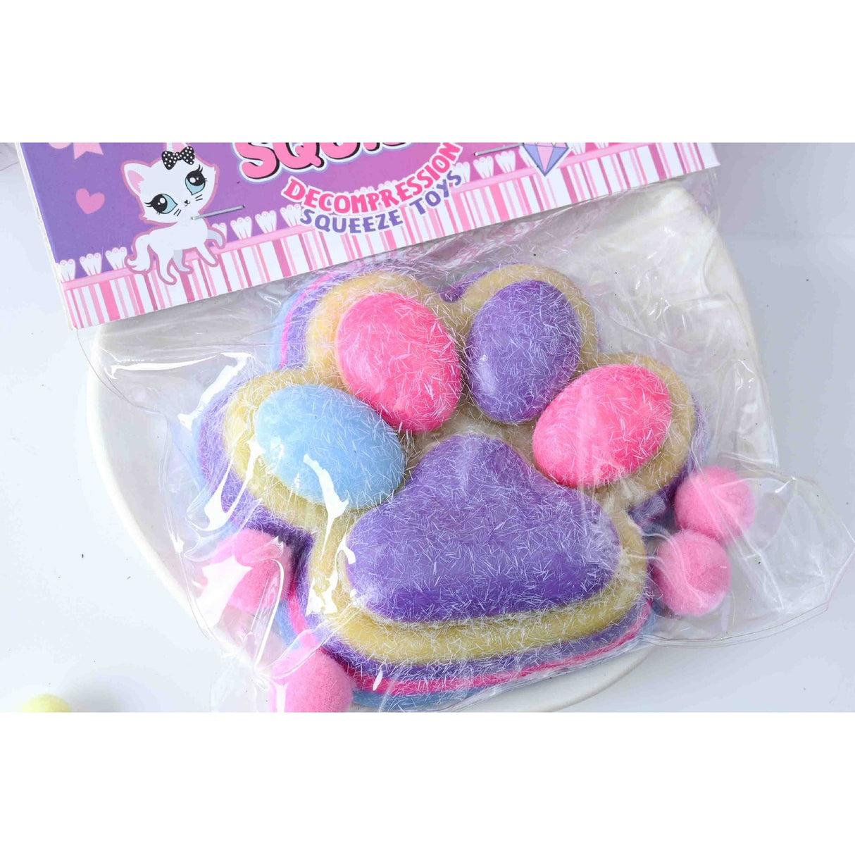 Jucarie Antistres Squishy, Vivimall, cu Revenire Lenta, Model Labuta de Pisica Pufoasa, 12.5x10.5 cm, 220g, Squeeze Pinch Family, Ambalaj Transparent, Mov-Multicolor - vivimall.ro