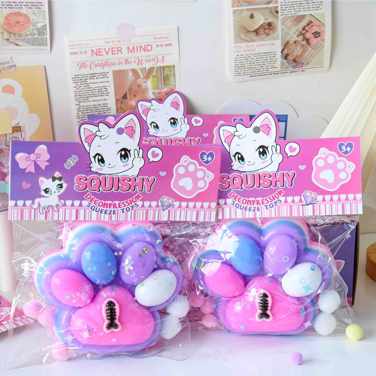 Jucarie Antistres Squishy, Flippy, cu Revenire Lenta, Model Labuta de Pisica, cu Pestisor, 220g, 12.5 x 10.5 cm Squeeze Pinch Family, Ambalaj Transparent, Roz-Multicolor - vivimall.ro