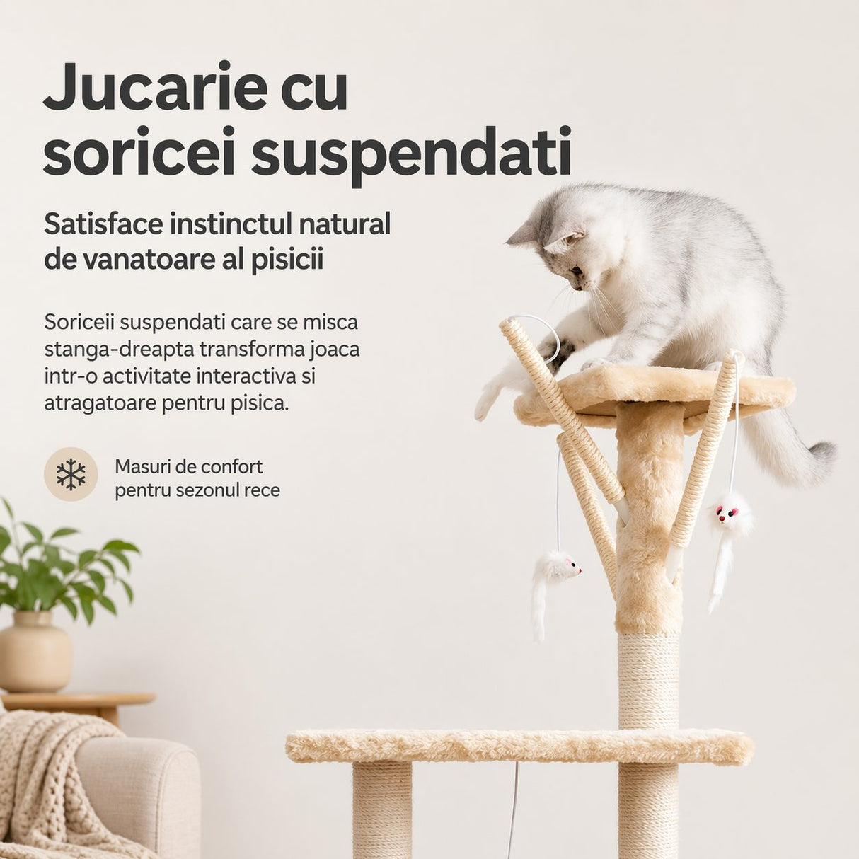 Ansamblu de Joaca pentru Pisici, Flippy, Cat Climbing Frame Multifunctional, cu Platforme, Cusca, Hamac si Scara de Catarare, 49x35x135 cm, Crem - vivimall.ro