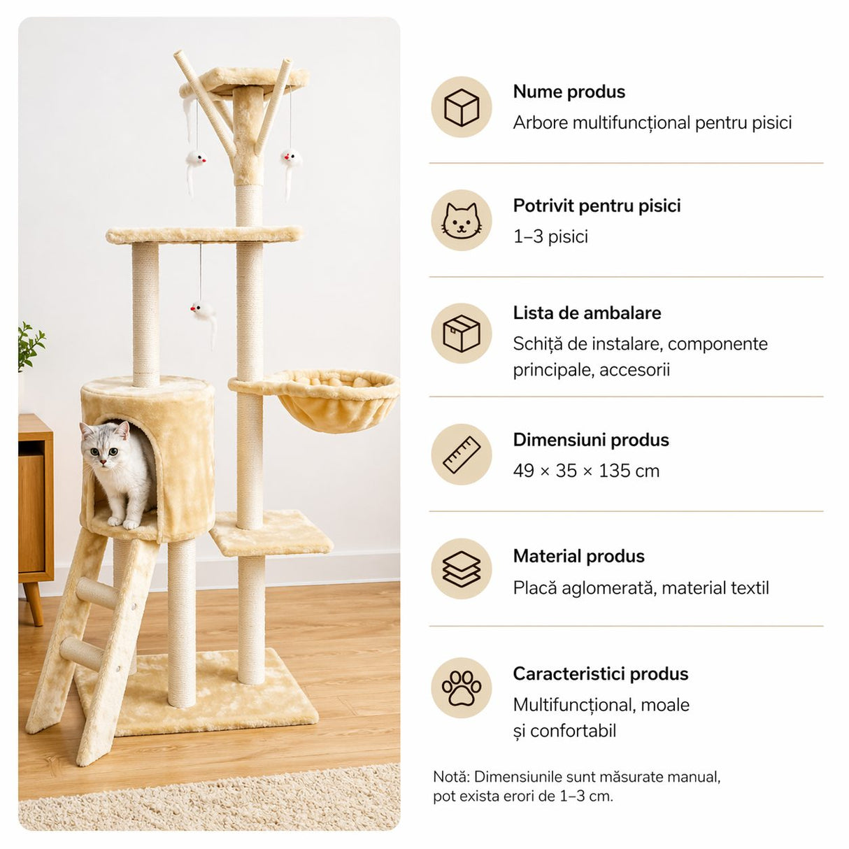 Ansamblu de Joaca pentru Pisici, Flippy, Cat Climbing Frame Multifunctional, cu Platforme, Cusca, Hamac si Scara de Catarare, 49x35x135 cm, Crem - vivimall.ro