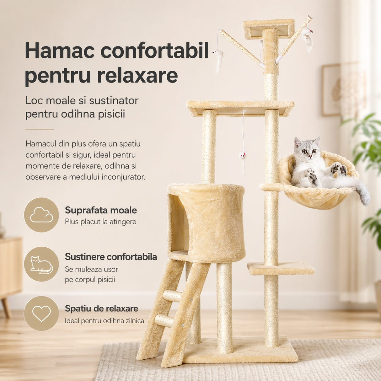 Ansamblu de Joaca pentru Pisici, Flippy, Cat Climbing Frame Multifunctional, cu Platforme, Cusca, Hamac si Scara de Catarare, 49x35x135 cm, Crem - vivimall.ro
