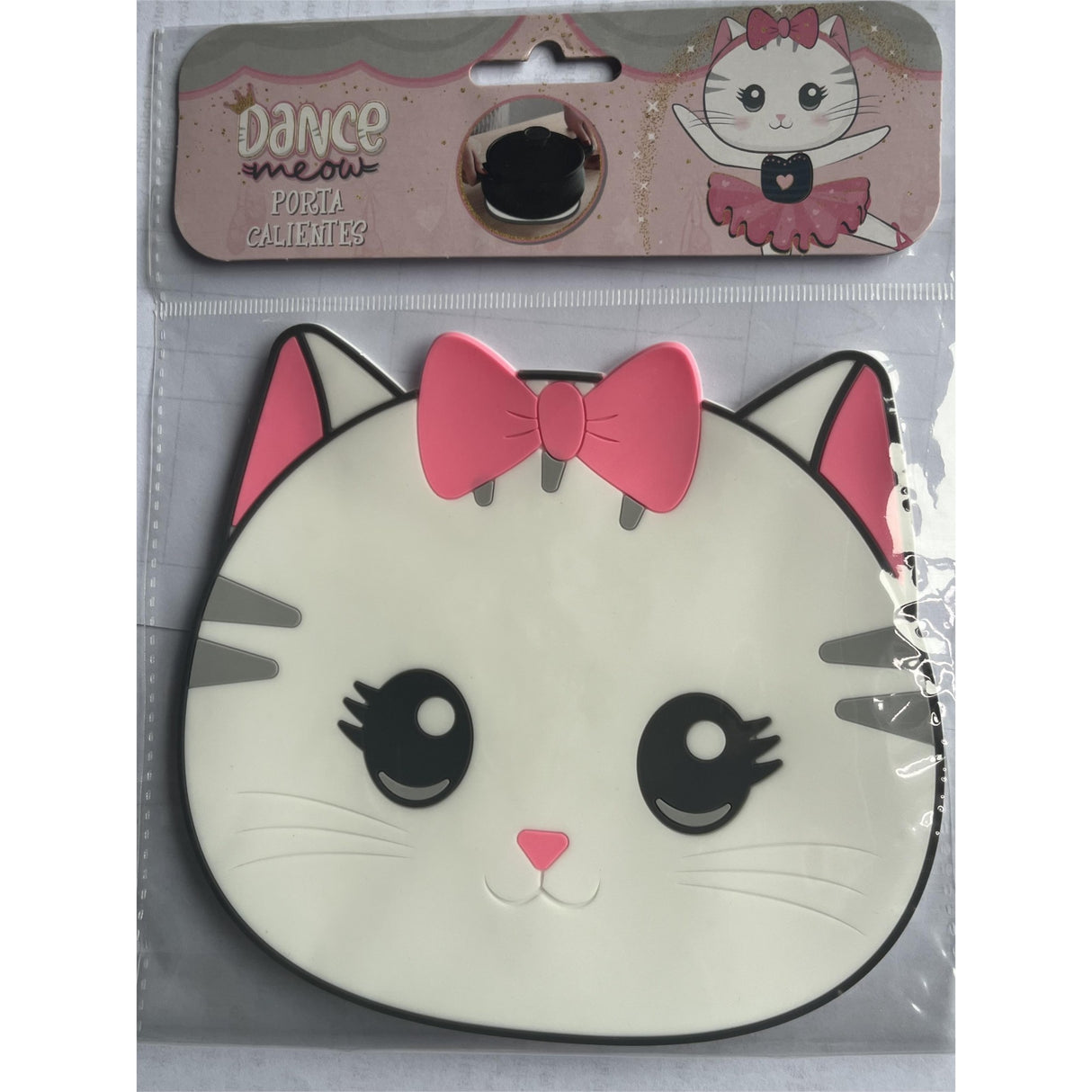 Suport pentru Pahar, Vivimall, Model Pisicuta, din PVC, 15.5 x 15.5 cm, Rezistent la Caldura, Alb/Roz - vivimall.ro