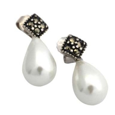 Cercei din Argint 925 cu Perla Ovala si Marcasite