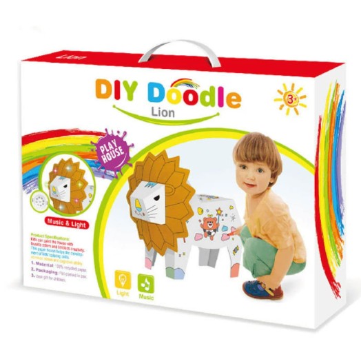 Jucarie Educativa pentru Copii, Flippy, Model Leu 3D, Puzzle 3D de Asamblat si Colorat din Carton, Educativ, 41 x 12 x 33 cm, 3+ ani, Alb