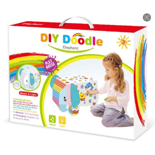 Jucarie Creativa pentru Copii, Flippy, Model Elefant 3D, Set de Asamblat si Colorat din Carton, Puzzle 3D Educativ, 34 x 14 x 23 cm, 3+ ani, Alb