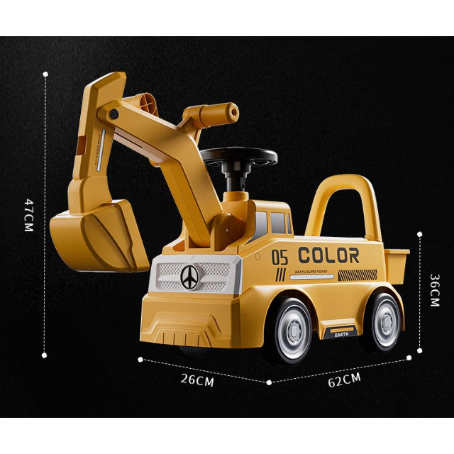 Excavator Manual pentru copii, Vivimall, 3 ani, Sport, Claxon, Cutie Depozitare, Lumini, Scaun, 62x26x47 cm, Galben - vivimall.ro