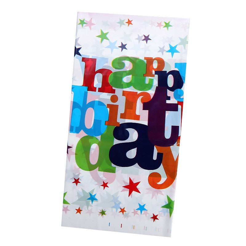 Detaliu imprimeu multicolor față de masă Happy Birthday din plastic PE, colecție petrecere aniversare