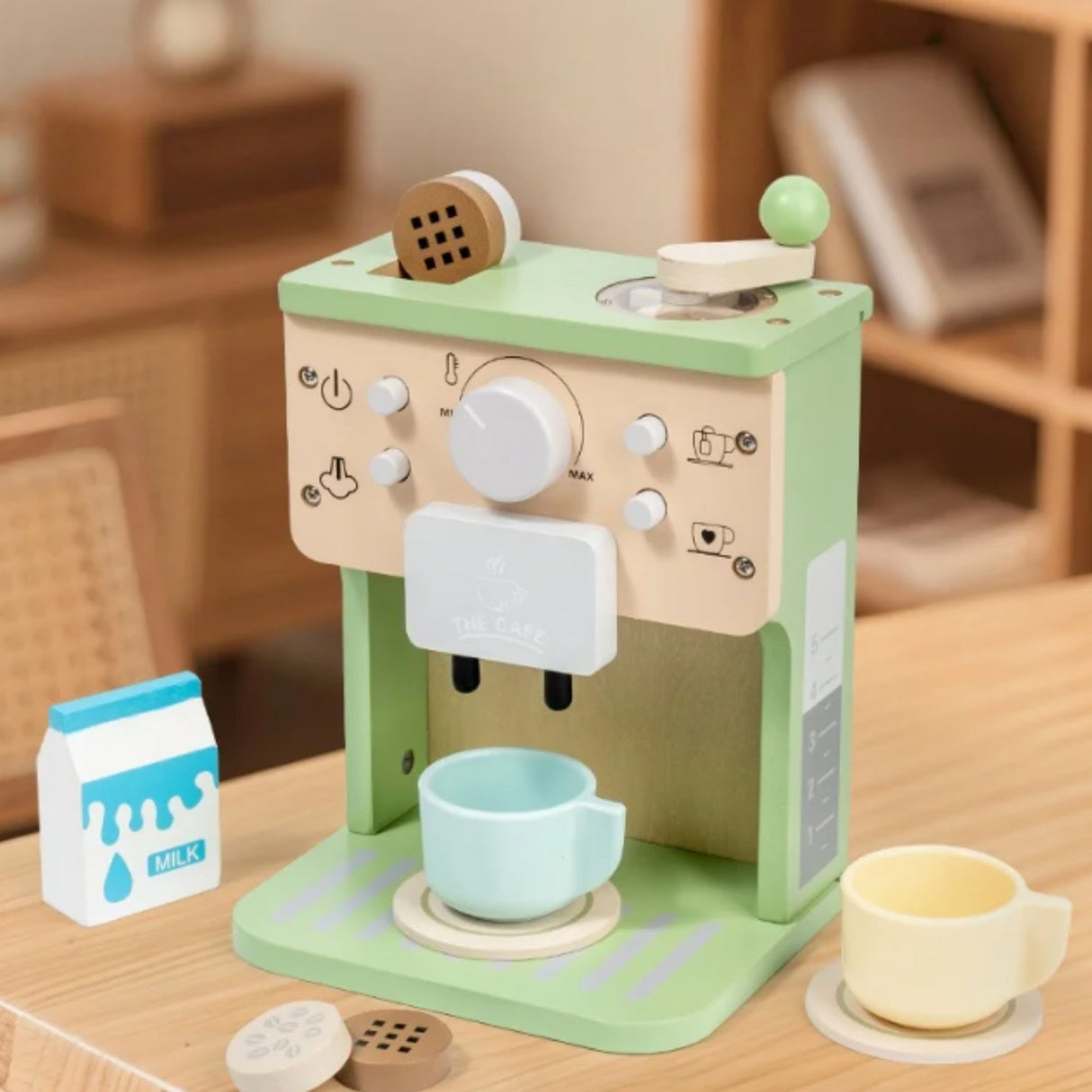 Aparat de Cafea pentru Copii, Flippy, Espressor de Cafea pentru Copii, Jucarie din Lemn, Set Barista din 10 Piese, 15 x 12.2 x 21.5 cm, Verde/Bej - vivimall.ro