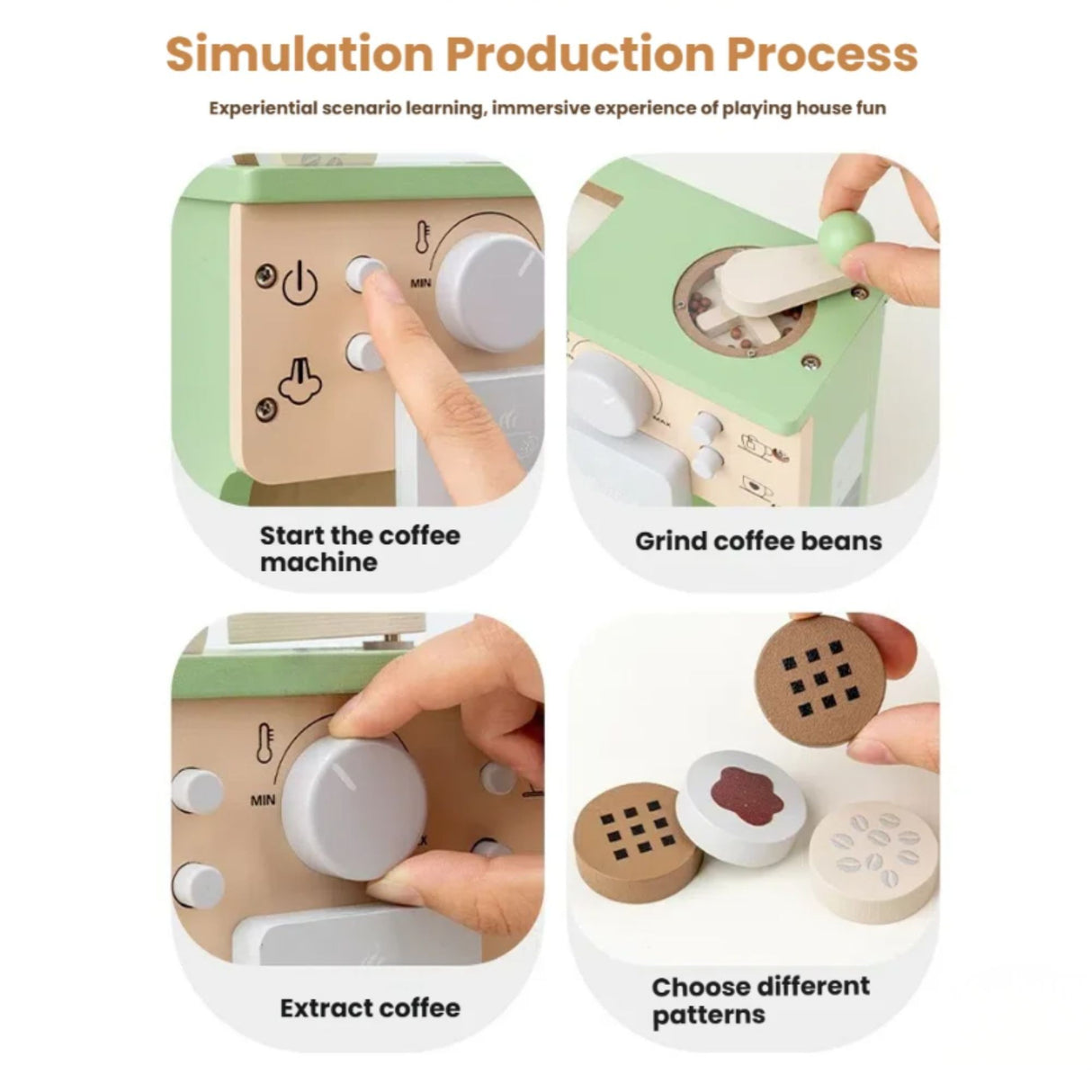 Aparat de Cafea pentru Copii, Flippy, Espressor de Cafea pentru Copii, Jucarie din Lemn, Set Barista din 10 Piese, 15 x 12.2 x 21.5 cm, Verde/Bej - vivimall.ro