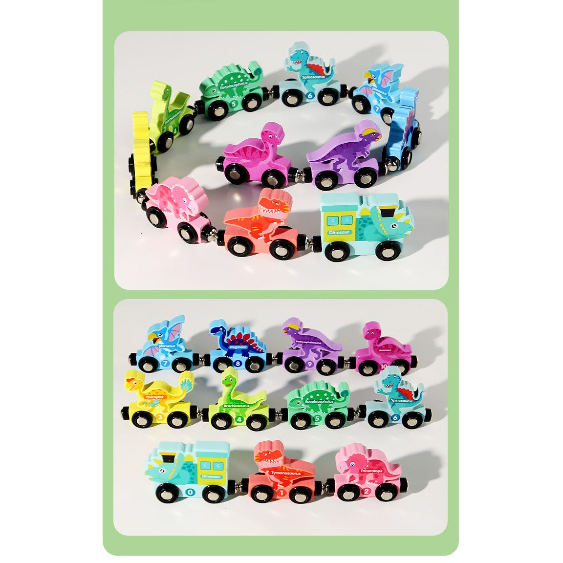Trenulet Magnetic, Flippy, din Lemn, Model Dinozauri, 10 Animale, +3 Ani, Jucarie de Asamblat, Multicolor - vivimall.ro