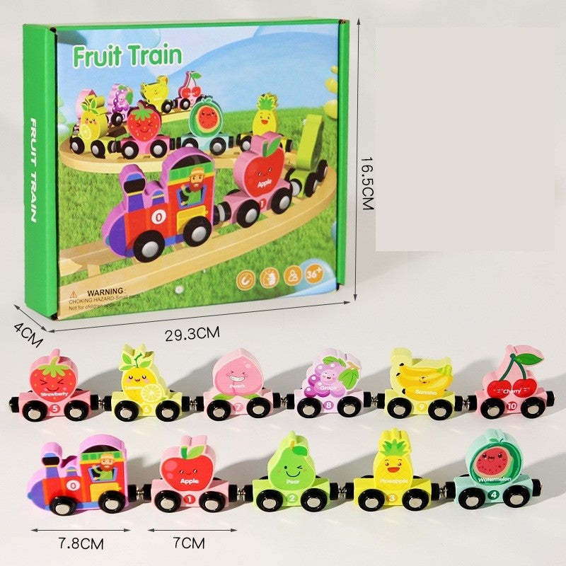Detaliu vagoane trenuleț magnetic Flippy lemn cu ilustrații fructe colorate și sistem magnetic