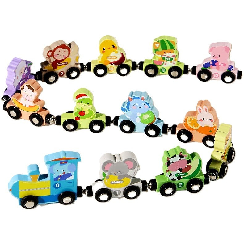 Trenulet Magnetic, Flippy, din Lemn, Model Zoo, 12 Animale, +3 Ani, Jucarie de Asamblat, Multicolor - vivimall.ro