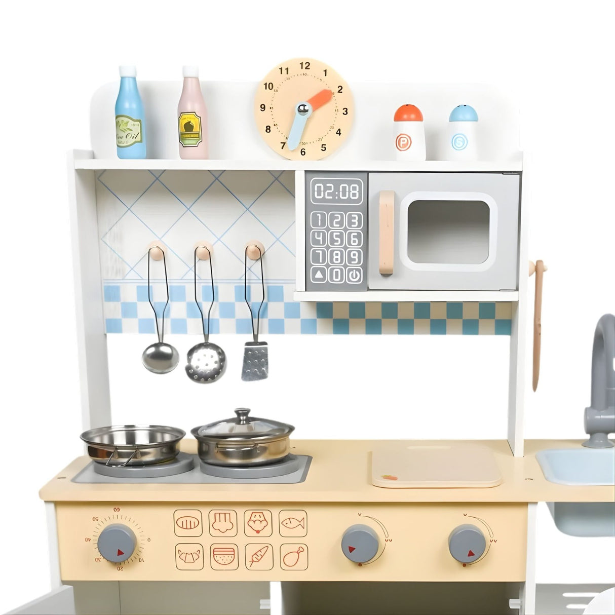 Bucatarie Multifunctionala pentru Copii, Flippy, Stil Montessori, Set Complet din Lemn, Include Plita, Cuptor, Chiuveta, Spatiu de Depozitare, 76.6 x 69 cm, Gri/Multicolora - vivimall.ro