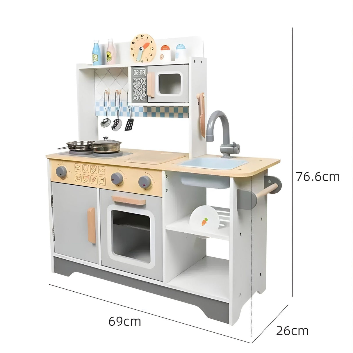 Bucatarie Multifunctionala pentru Copii, Flippy, Stil Montessori, Set Complet din Lemn, Include Plita, Cuptor, Chiuveta, Spatiu de Depozitare, 76.6 x 69 cm, Gri/Multicolora - vivimall.ro