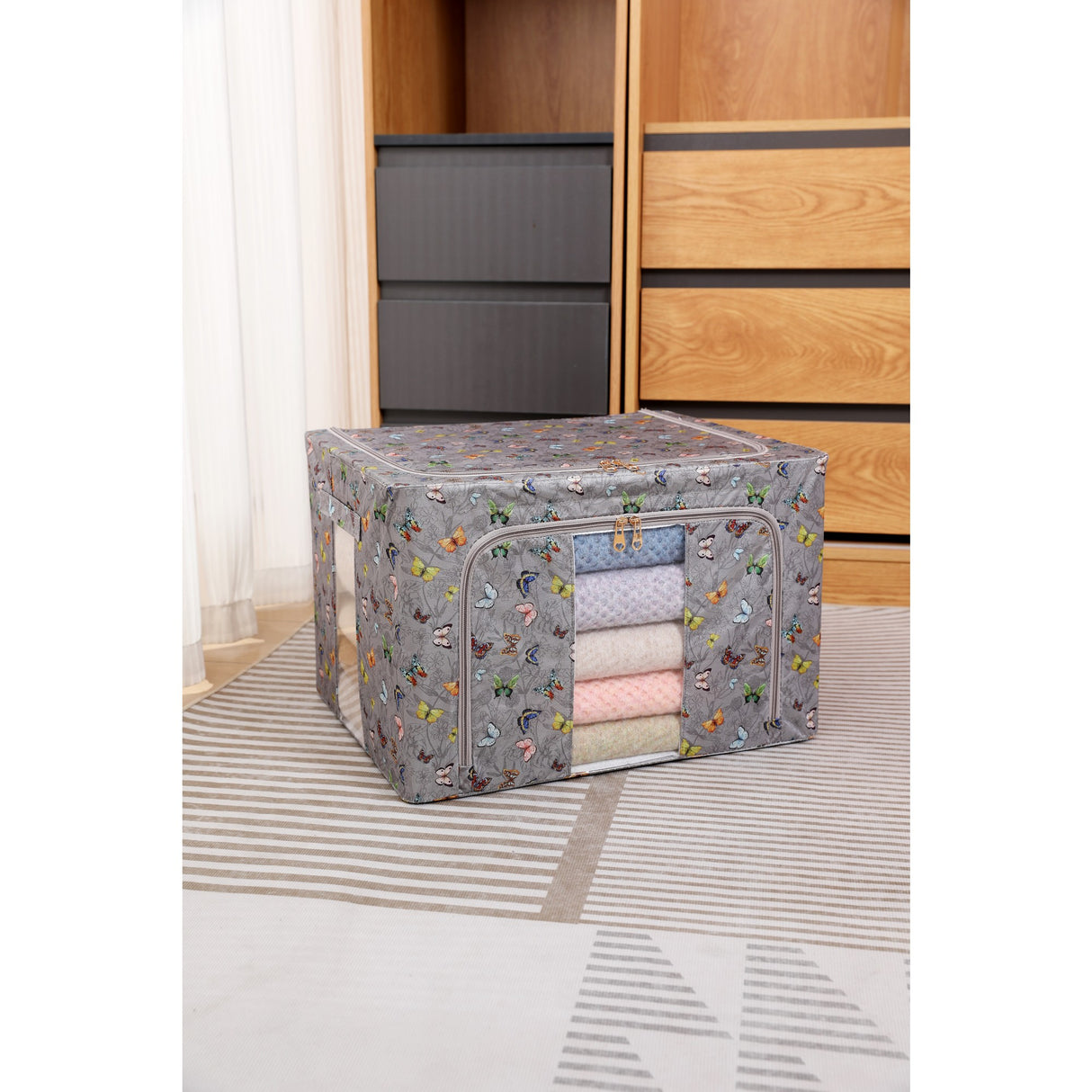 Cutie Depozitare, Vivimall, 66L, din Material Textil, 50 x 40 x 33 cm, pentru Haine si Lenjerii, Model Fluturasi, Gri Inchis - vivimall.ro