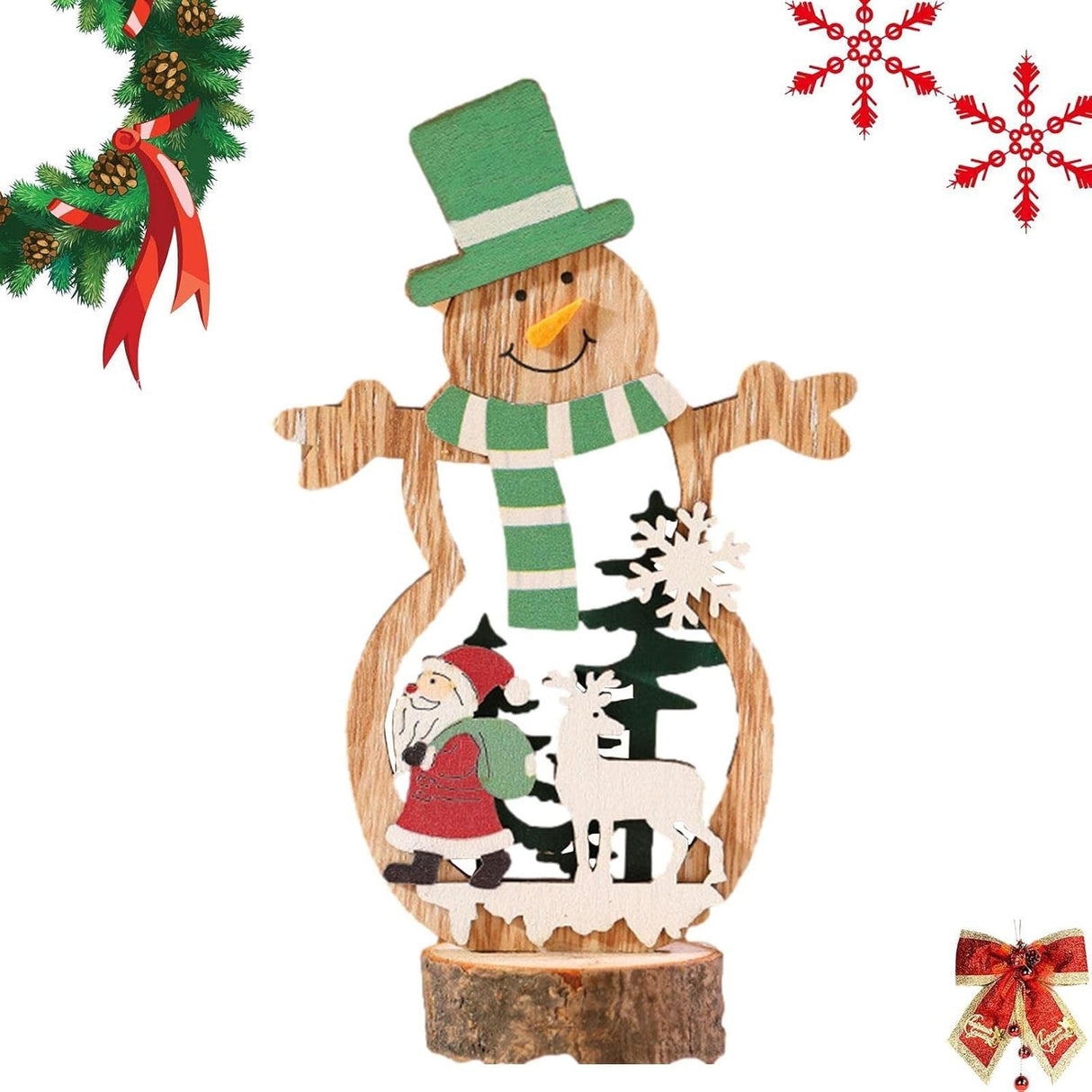 Decoratiune de Craciun, Flippy, din Lemn, 10.5 x 18 cm, Model Om de Zapada cu Caciula Verde, Multicolor - vivimall.ro