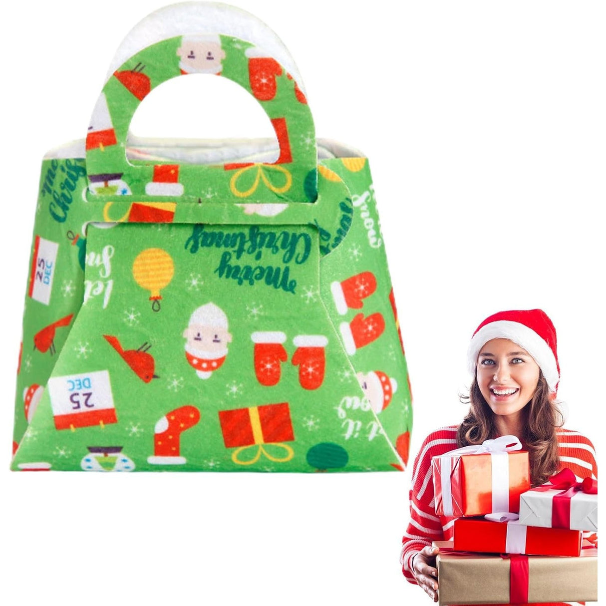 Geanta pentru Copii, Vivimall, Pliabila, pentru Cadouri de Craciun, din Panza Netesuta, 13 x 12 x 6 cm, Verde - vivimall.ro