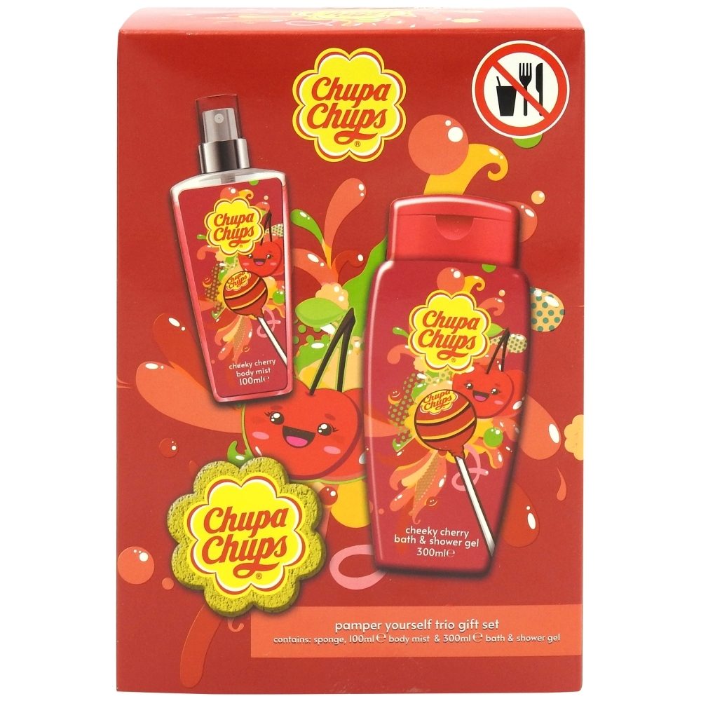 Set Cadou pentru Ingrijire Corporala, Chupa Chups, Gel de Dus 300 ml, Body Mist 100 ml, Burete de Baie - vivimall.ro