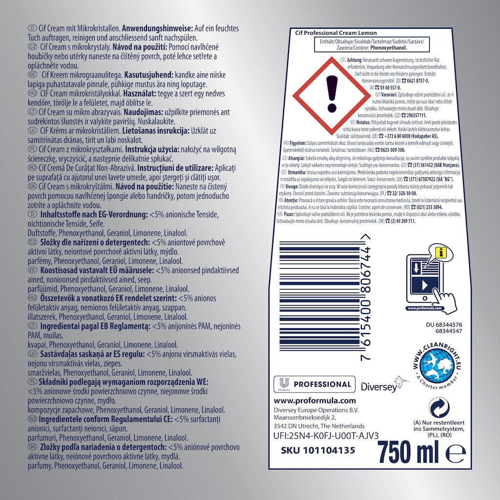 Pachet CIF Professional Cream Lemon – Crema de Curatare Non-Abraziva cu Lamaie, 8×0.75 L - vivimall.ro