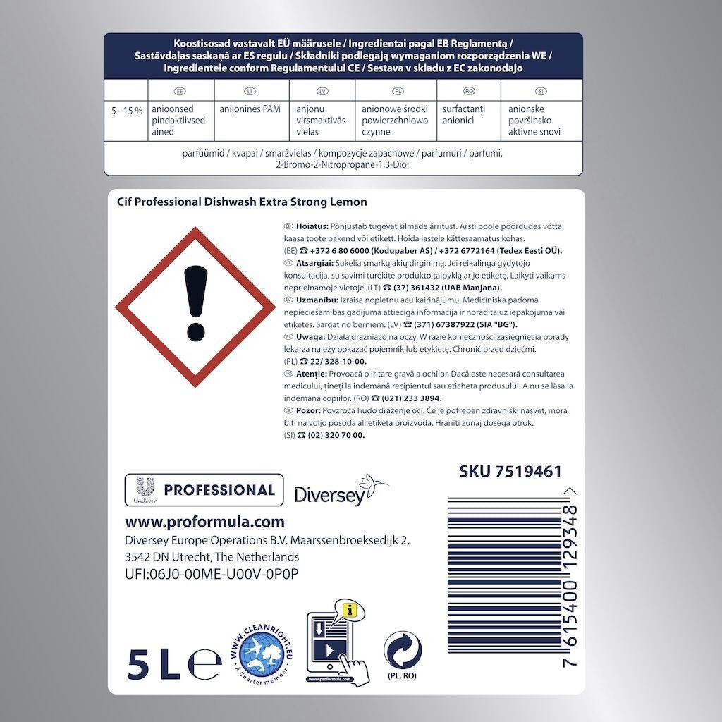 CIF Professional Dishwasher Extra Strong Lemon – Detergent pentru Spalarea Manuala a Vaselor, cu Lamaie 5 L - vivimall.ro