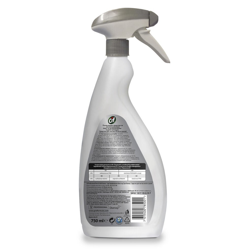 Flacon Cif Pro Formula Oven & Grill Cleaner 0,75 L – etichetă cu specificații tehnice, detaliu lateral