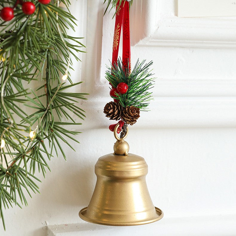 Clopot decorativ pentru Brad Craciun, Flippy, Clopot din Metal cu Funda si Crenguta de Brad pentru Decoratiune de Craciun, 10 x 8 x 8 cm, Auriu - vivimall.ro