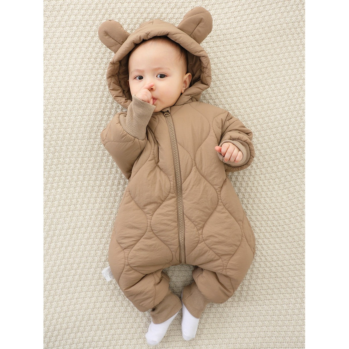 Combinezon de Iarna, Vivimall, pentru Bebelusi, din Bumbac, cu Urechi, Mansete Elastice, Unisex, 73 cm, Maro - vivimall.ro