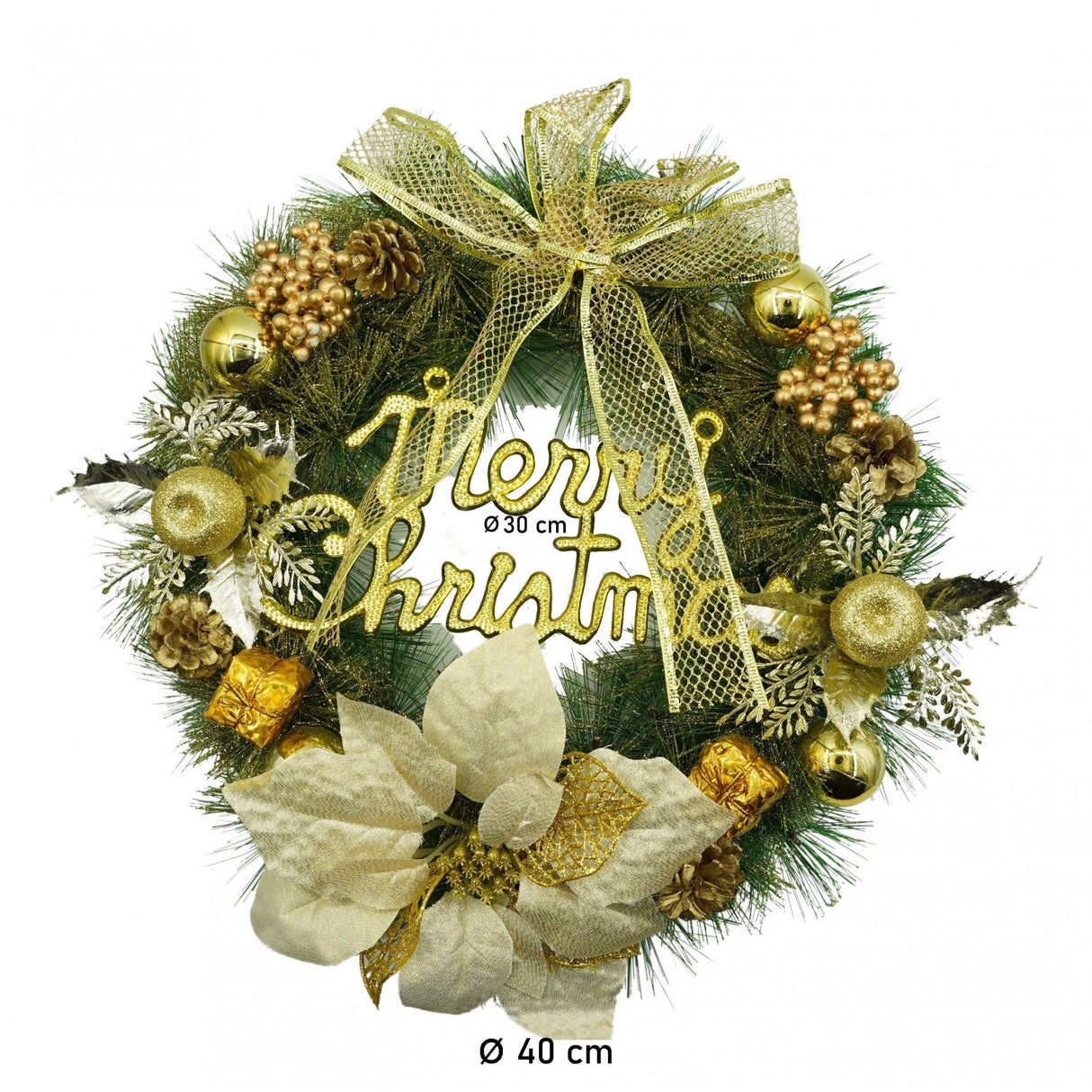 Coronita de Craciun pentru usa, Verde-Auriu, 40 cm, PVC, Artificiala, Decorata, Interior/Exterior, Flippy - vivimall.ro