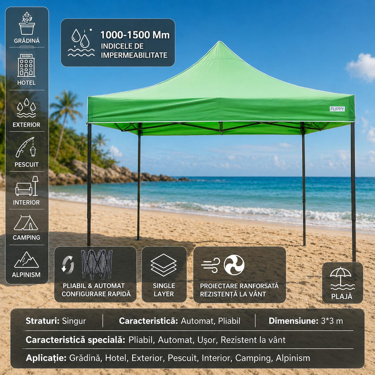 Detaliu cadru metal ranforsat cort pavilion Flippy 3x3m, articulații pliabile pentru montaj rapid