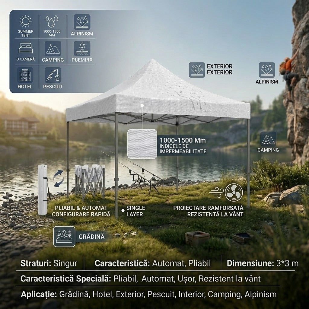 Cort Pavilion 3x3m, Flippy, Cadru Metal Pliabil Ranforsat, Acoperis 420D 280gram/mg PVC Polyester Oxford pentru Curte, Gradina, Evenimente, Alb - vivimall.ro