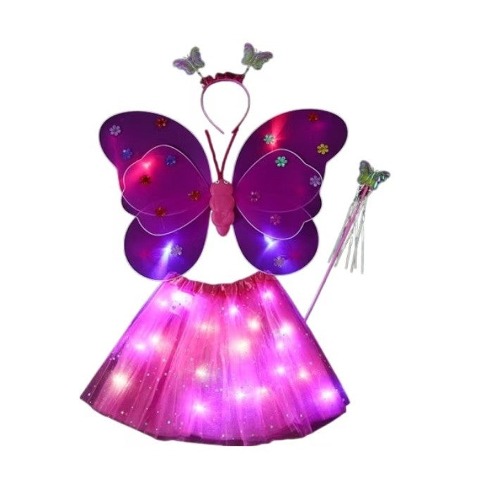 Costum Fluturas cu Aripi Modelabile Luminoase pentru Copii, Vivimall, Fusta din Tul cu Lumini, Bagheta si Bentita, 4 piese, Pentru Halloween, Roleplay, Craciun, Carnaval, Paste, Ziua Copilului, Bumbac/Poliester, Marime universala, Roz-Rosu - vivimall.ro