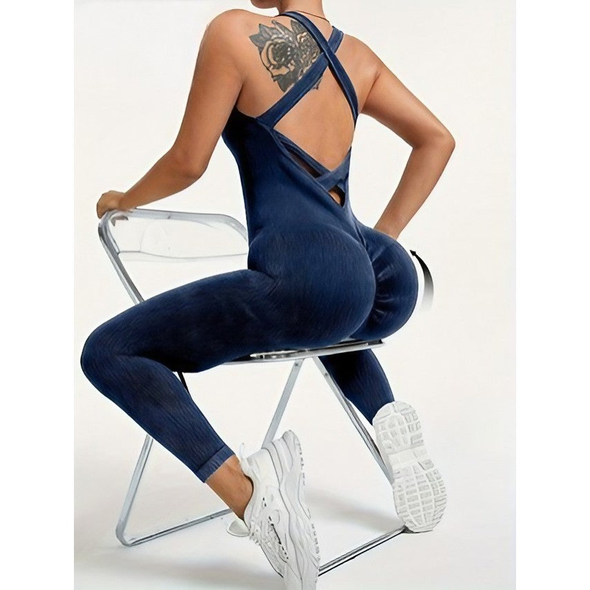 Costum sport Vivimall fără cusături albastru marin, detaliu bretele față în formă de U, mărime L