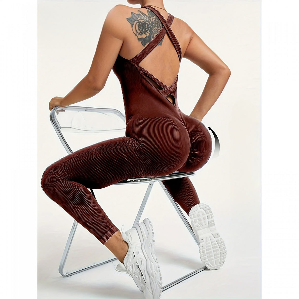 Costum yoga Vivimall One Piece maro închis, spate decupat cu bretele în formă de X, detaliu