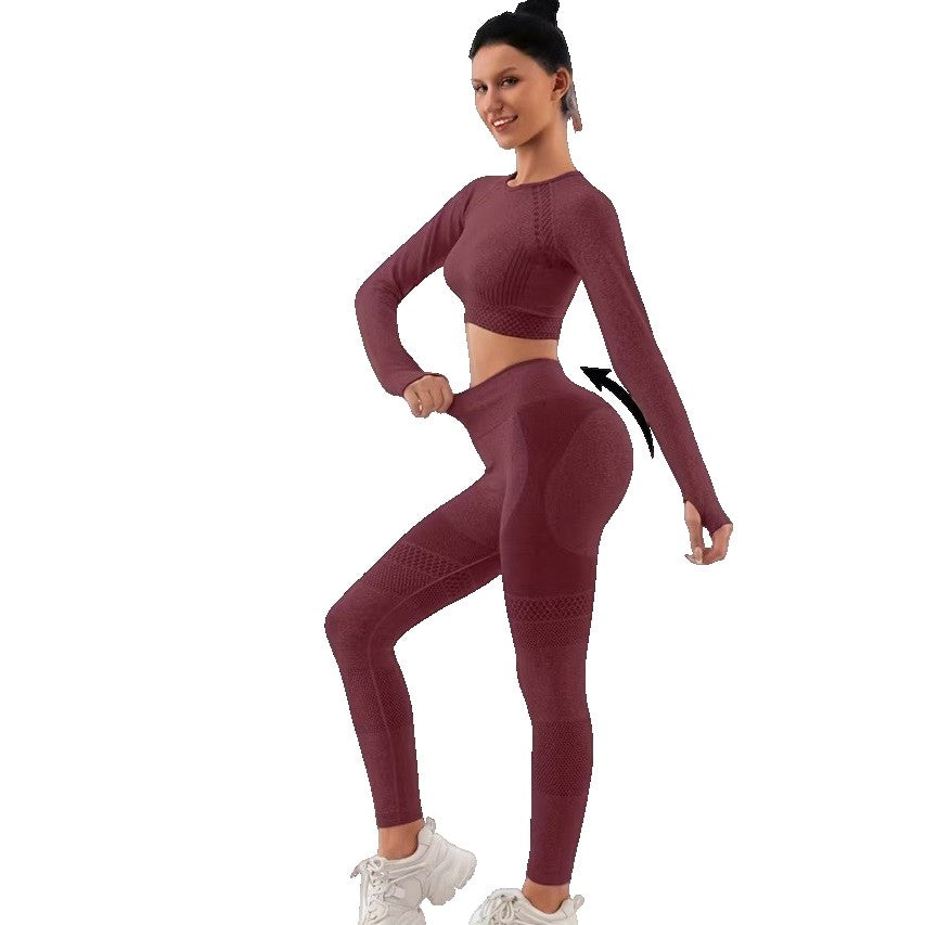 Costum Sport de Dama, Vivimall, pentru Yoga, Talie Inalta, Top Scurt, Elastic, Burgundy, Marime L - vivimall.ro