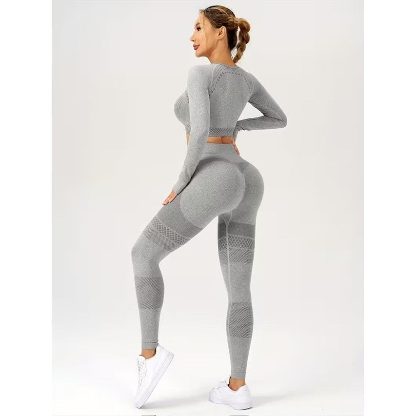 Set sport damă 2 piese Vivimall gri, colanți și top scurt elastic, potrivit pentru antrenamente indoor