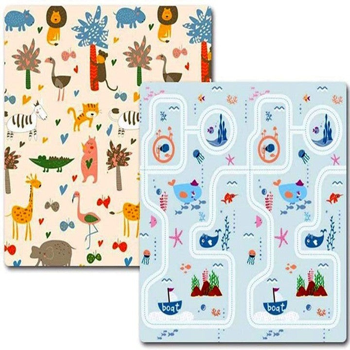 Covoraș de Joaca pentru Copii Termic cu 2 Fete, Vivimall, Model Lumea Animalelor si Calatorie pe mare, cu Spuma, Impermeabil, Antiderapant, 200x180 x 0.8 cm, Multicolor - vivimall.ro