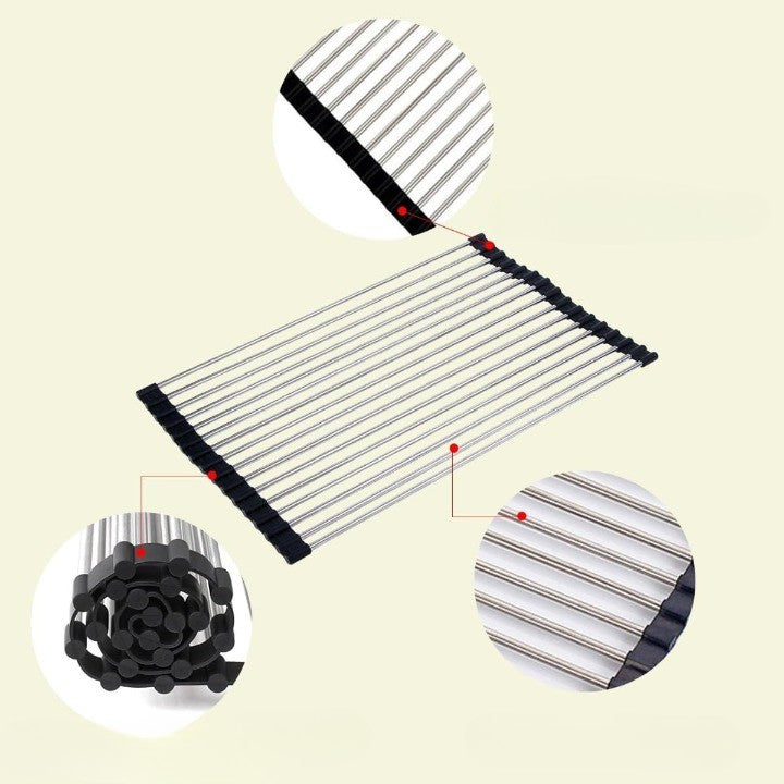 Covoras de Scurgere pentru Chiuveta Bucatarie, din Otel Inoxidabil, Suport Chiuveta, Pliabil, Antiderapant, Usor de Curatat si de Depozitat, 37x30 cm, 15 Tuburi, Negru - vivimall.ro