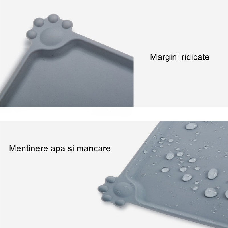 Covoras din silicon pentru animale Vivimall, pentru bol de apa si mancare, antiderapant, margini ridicate pentru a mentine apa, 48.5x30 cm, Gri - vivimall.ro