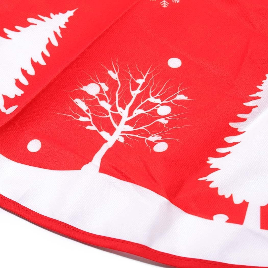 Covoras pentru Bradul de Craciun, Vivimall, din Tesatura Pufoasa, cu Fundite de Prindere, Model Brazi, Rosu/Alb, Diametru 90 cm - vivimall.ro